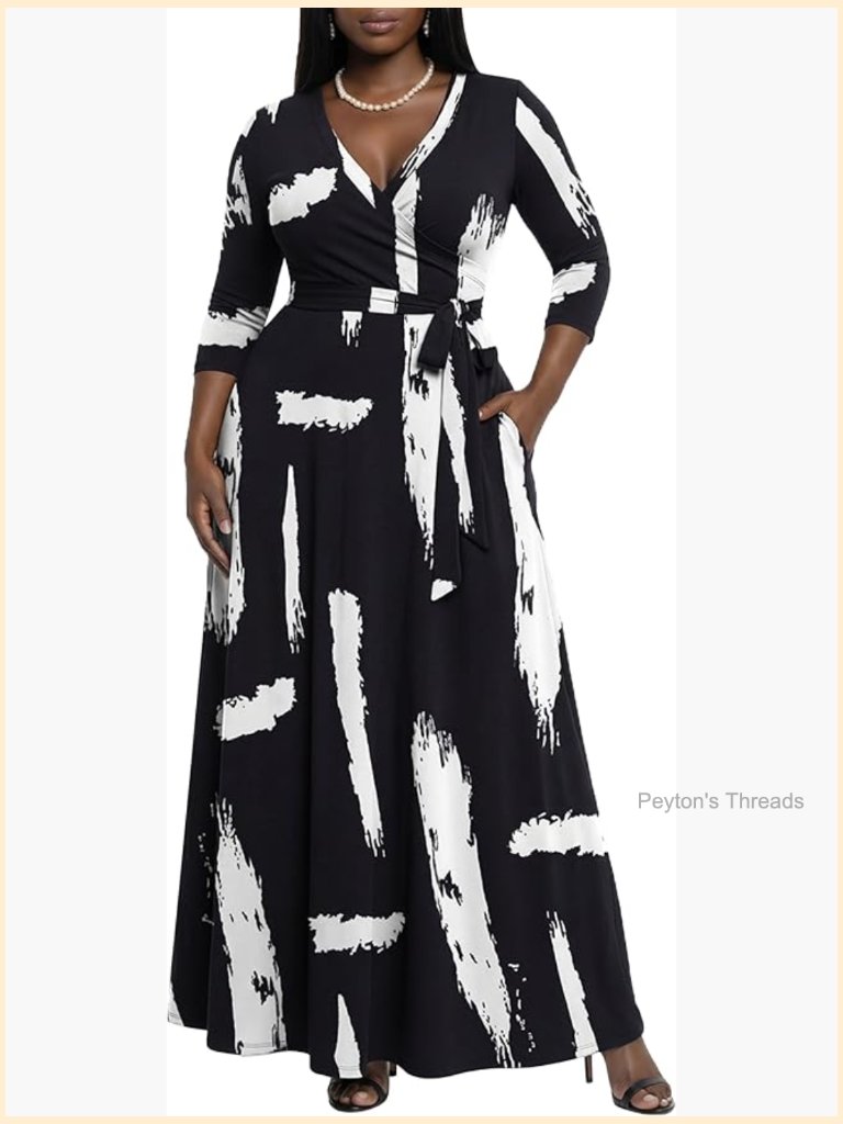 Women's Floral Maxi Dress With Pockets, 3/4 Sleeve V-Neck Wrap Tie Waist